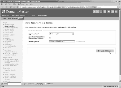 Uprava parametrů transferu eu domény.